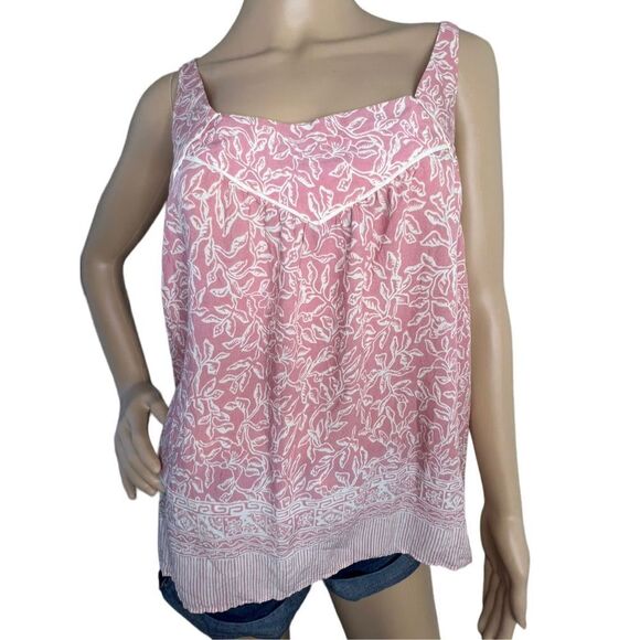 Anthropologie Maeve Pink and White Leaf Patterned Babydoll Tank Top - Picture 1 of 5